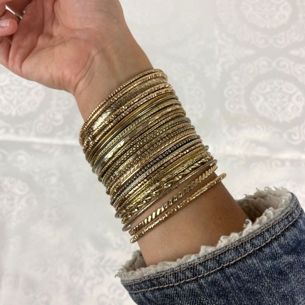 Lot of Bangles Assorted Gold Tone and Mixed Metal Custom Stack of Bracelets